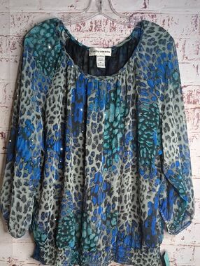 Teal Animal-Print Peasant Top Cathy Daniels Womens 3X NWT